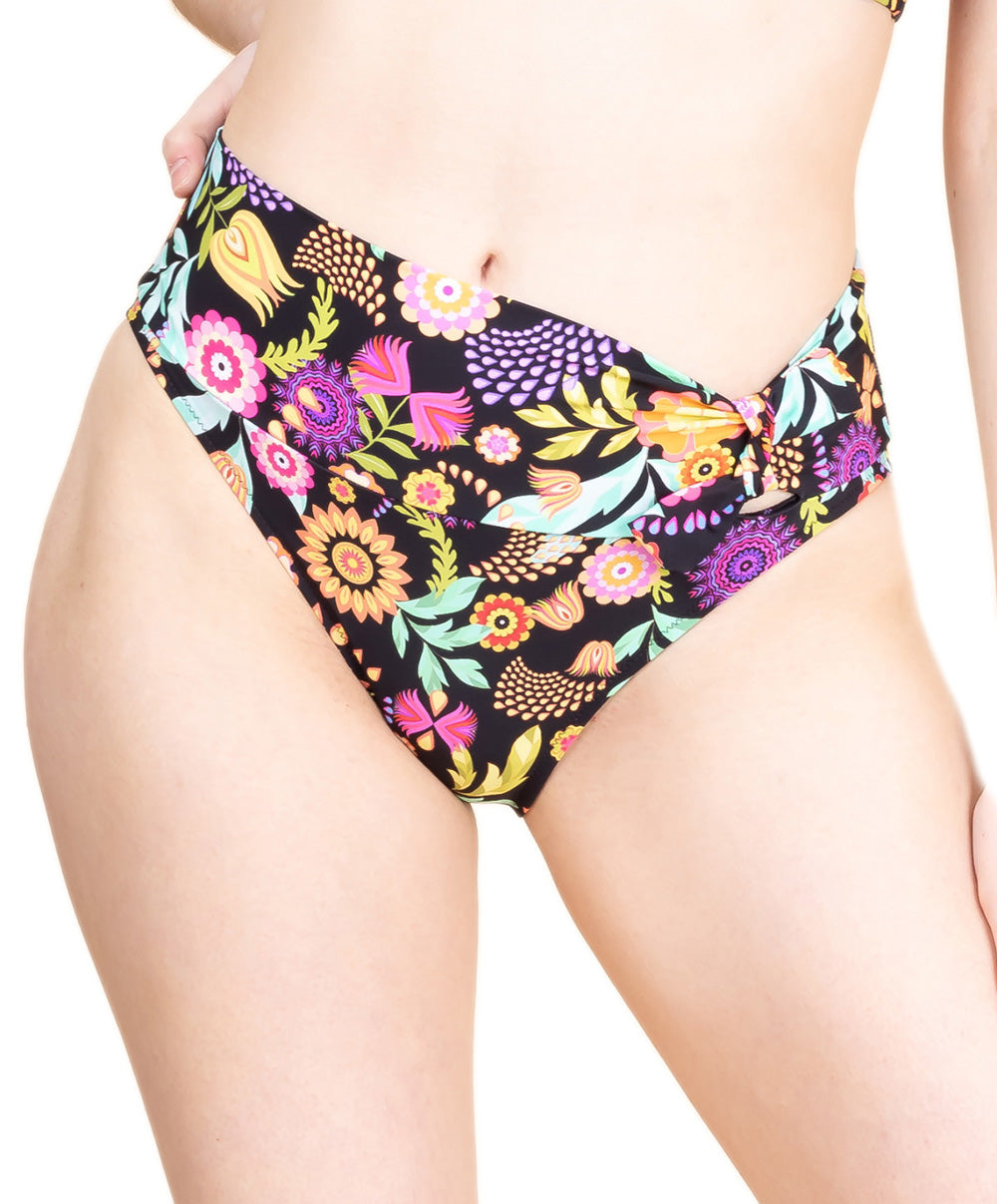 Bas de maillot de bain slip à revers La Muse en Fleurs bouquet radieux noir Antigel Bain FBB0330-BR