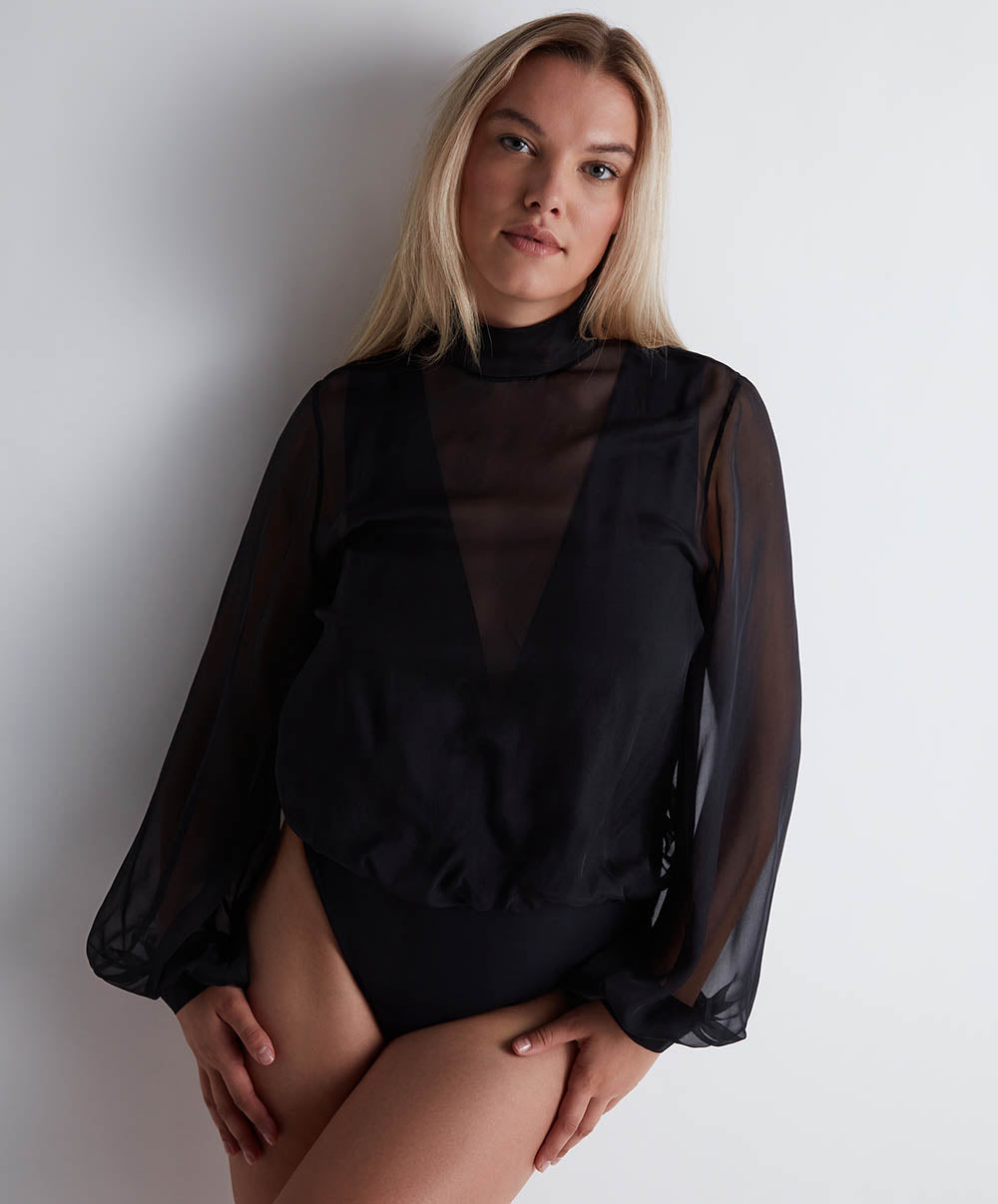 Body aubade 1m84-D noir en mousseline de soie