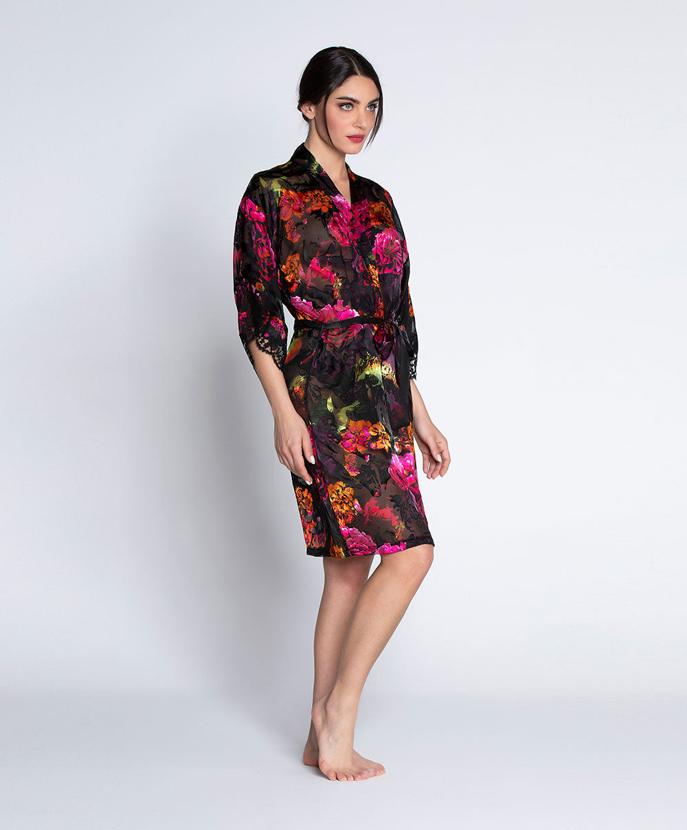 Déshabillé en soie et viscose Lise Charmel Floraison Passion safran rose ALH2086-SR