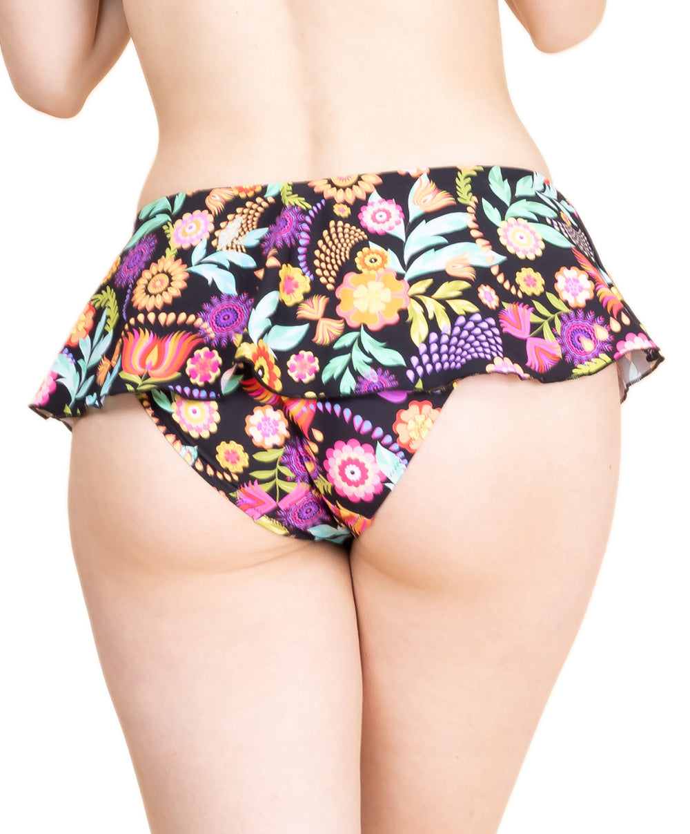 Maillot de bain slip "Jupette" La Muse en Fleurs bouquet radieux noir Antigel Bain EBB0830-BR