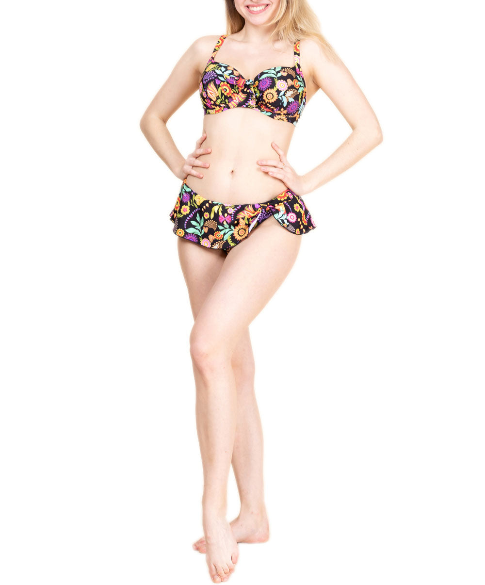 Maillot de bain slip "Jupette" La Muse en Fleurs bouquet radieux noir Antigel Bain EBB0830-BR