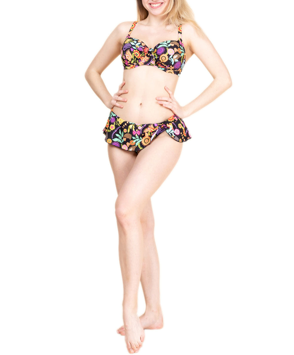 Maillot de bain slip "Jupette" La Muse en Fleurs bouquet radieux noir Antigel Bain EBB0830-BR