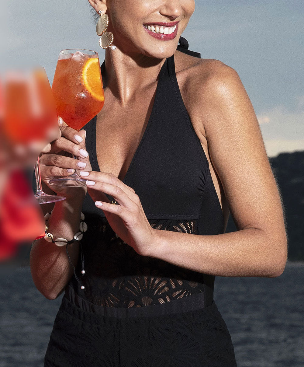 Maillot de bain une pièce sans armatures tour de cou La Muse Dentelle noir Antigel Bain EBB9206-NO