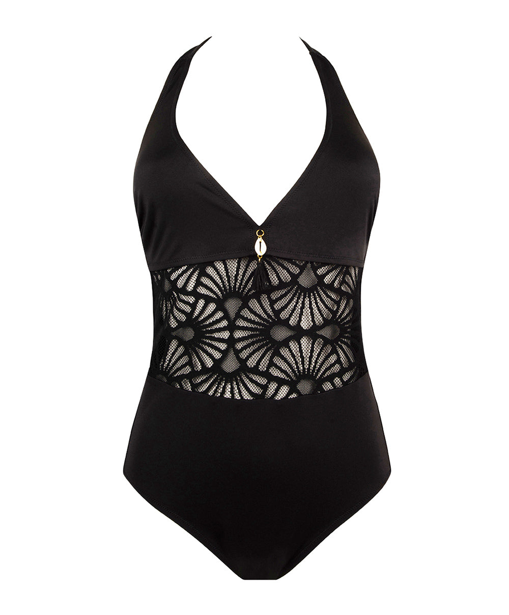 Maillot de bain une pièce sans armatures tour de cou La Muse Dentelle noir Antigel Bain EBB9206-NO