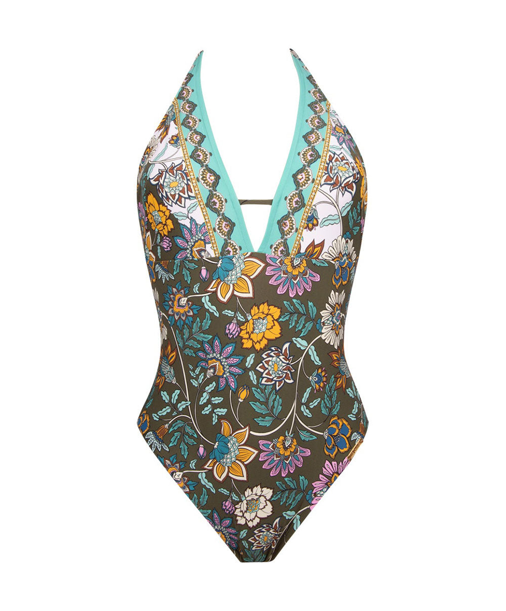 Maillot de bain une pièce séduction tour de cou dos nu Lise Charmel bain Fleur Persane bronze ABB9767-BP