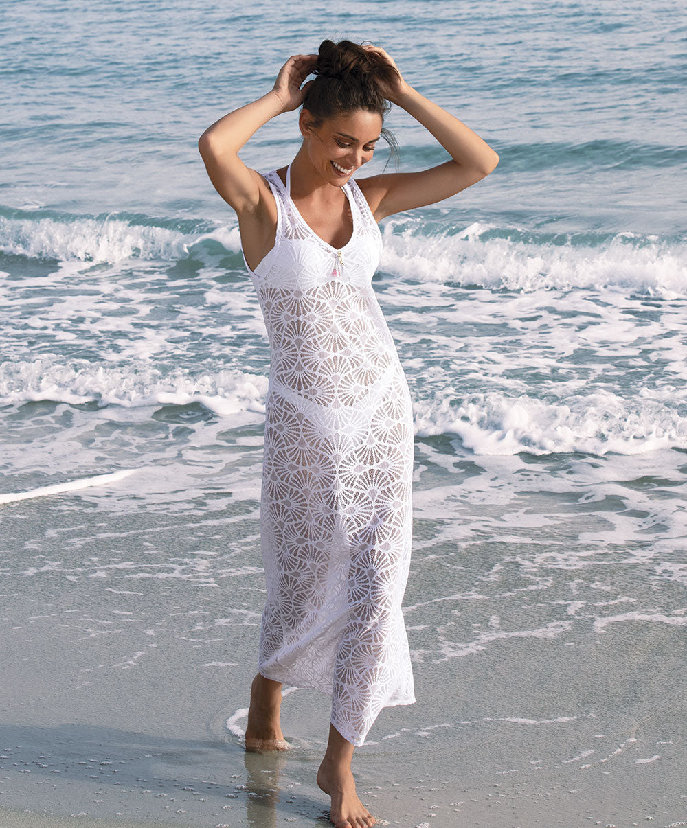 Robe de plage longue La Muse Dentelle blanc Antigel Bain ESB1106-BL