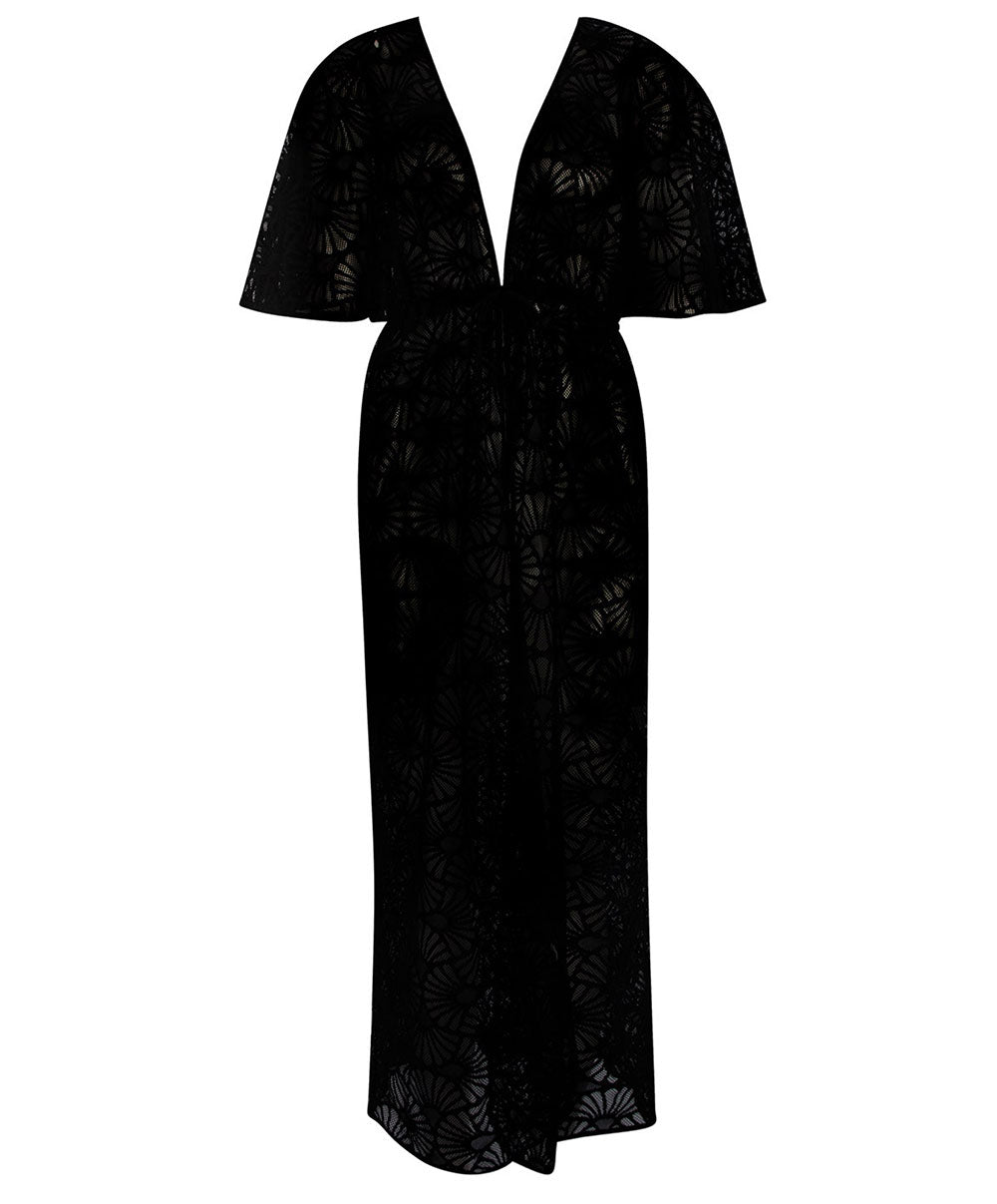 Robe de plage longue forme kimono La Muse Dentelle noir Antigel Bain ESB2906-NO