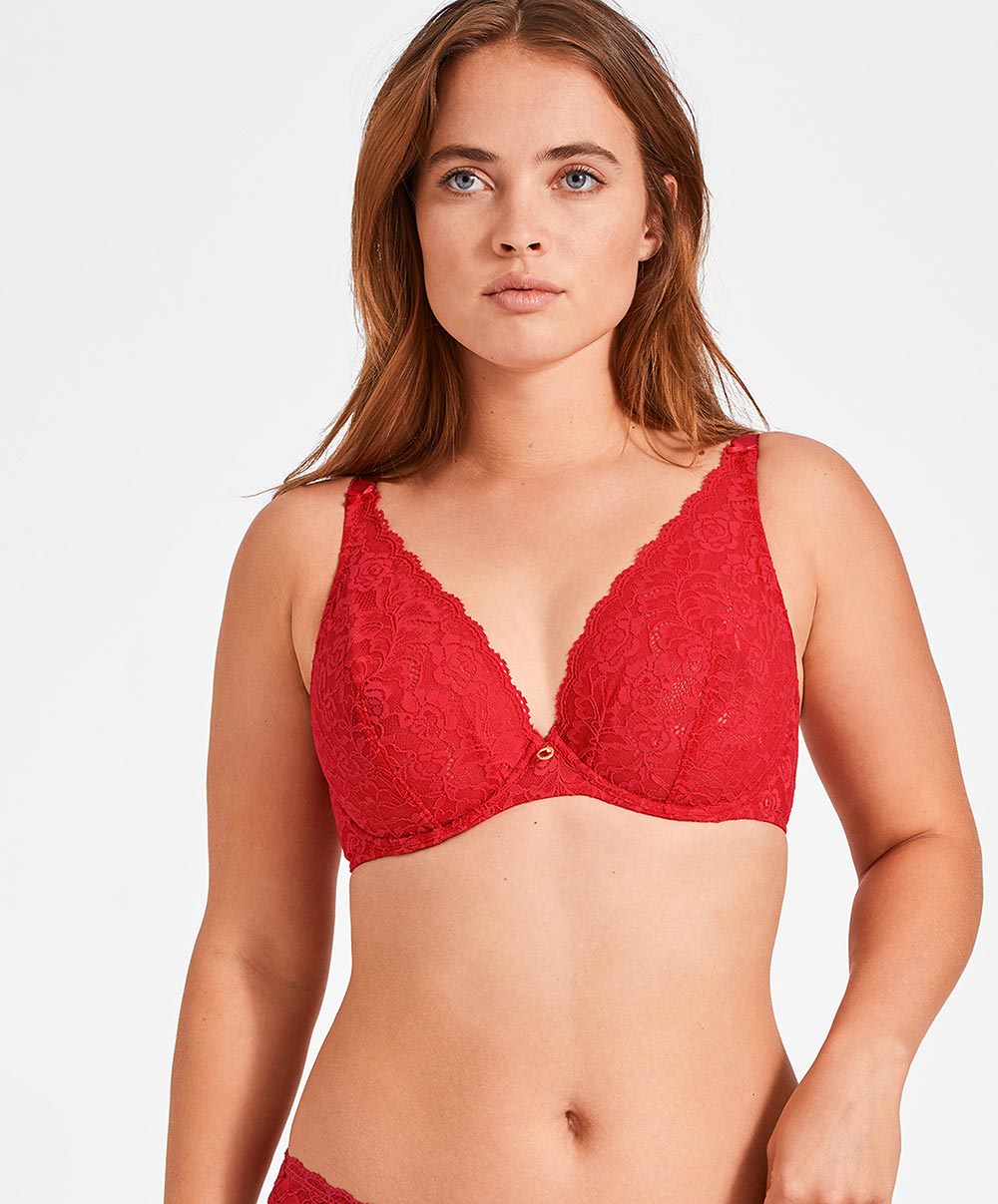 Soutien-gorge grande taille triangle plunge rouge Rosessence rouge gala Aubade HK12-02-GALA