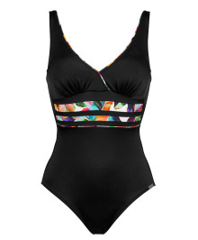SWIMWEAR : One piece body shaping swimsuit without wires Parrot Bay black white multicolor from the shaping swimsuits series by Charmline. With Parrot Bay, the luminosity of the entire tropical range of tones creates a summery mood. Large-scale motifs articulate fre