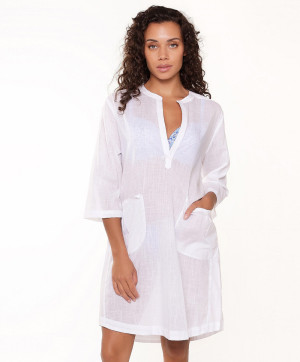 Tunique robe de plage blanche en coton col tunisien Lingadore Lingadore Bain LBA 7225 01