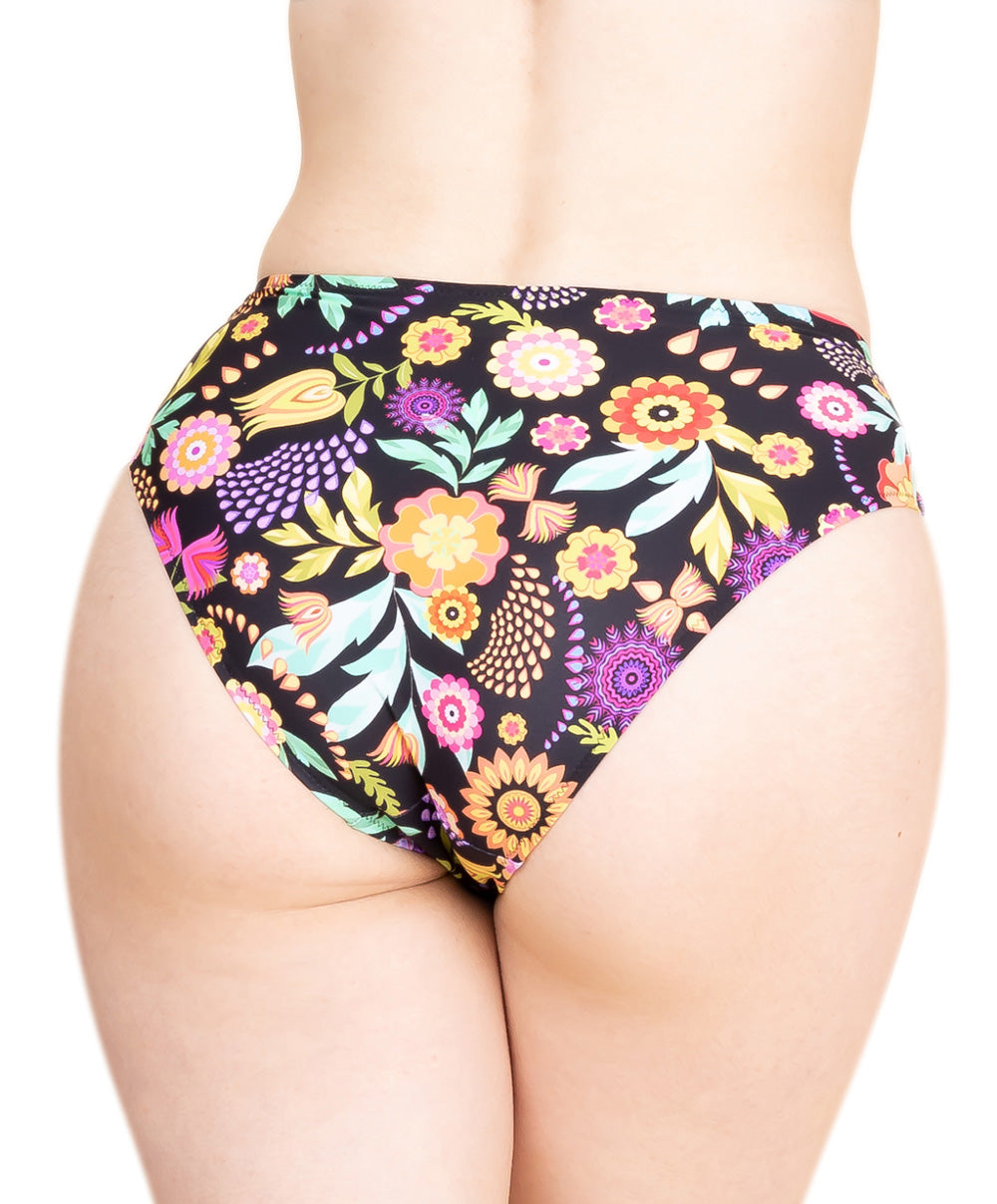 Bas de maillot de bain slip à coulisses La Muse en Fleurs bouquet radieux noir Antigel Bain FBB0630-BR