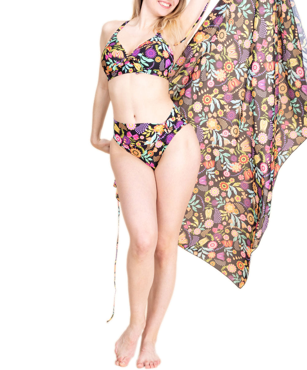 Bas de maillot de bain slip à revers La Muse en Fleurs bouquet radieux noir Antigel Bain FBB0330-BR