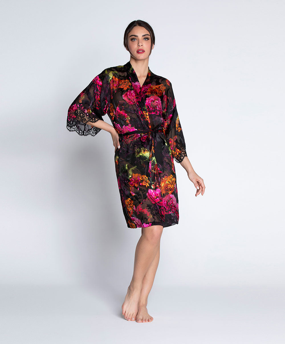 Déshabillé en soie et viscose Lise Charmel Floraison Passion safran rose ALH2086-SR