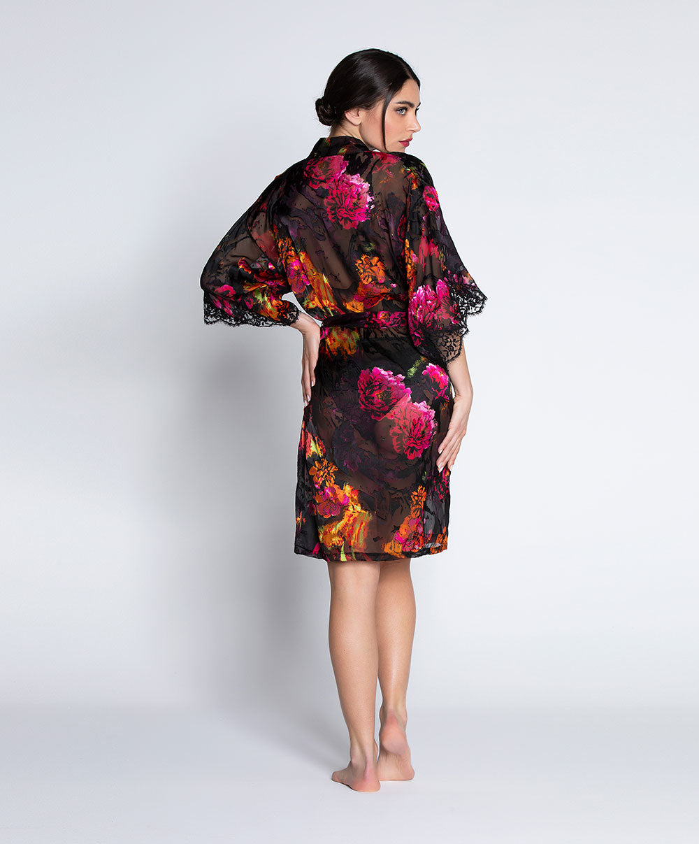 Déshabillé en soie et viscose Lise Charmel Floraison Passion safran rose ALH2086-SR