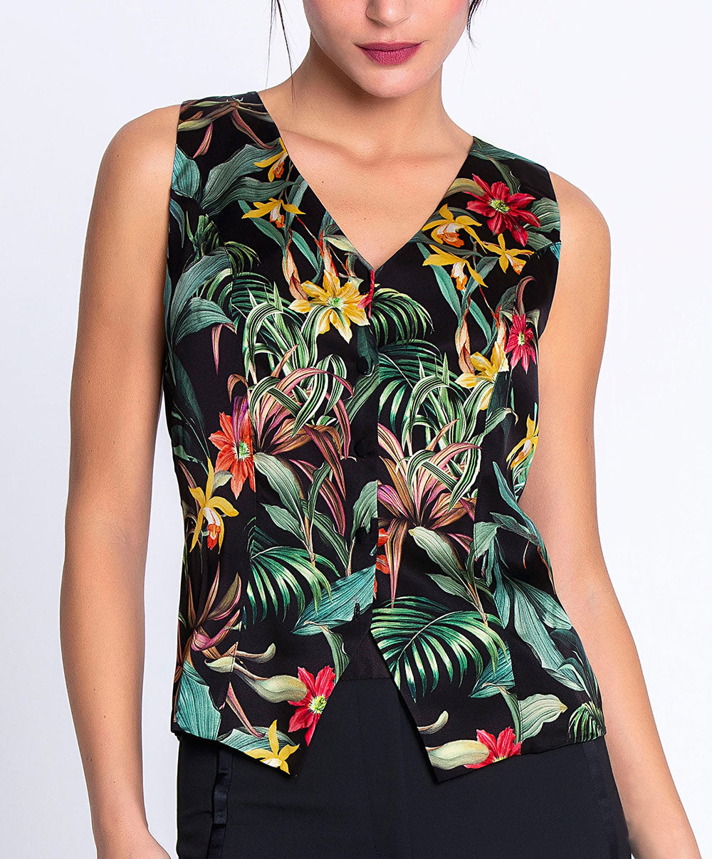 Gilet en satin de soie Lise Charmel Fleurs Étoiles éclat étoile (noir et multicolore) ALH7596-EE