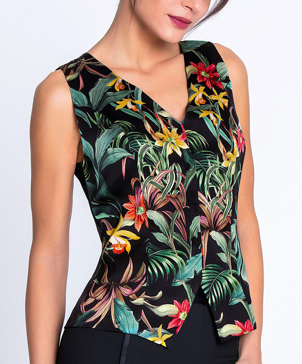 Gilet en satin de soie Lise Charmel Fleurs Étoiles éclat étoile (noir et multicolore) ALH7596-EE