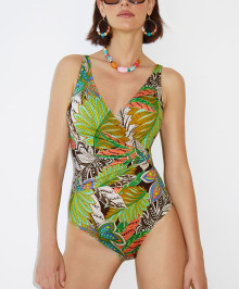 One-piece Swimsuit and Slimming : One piece soft swimsuit plunge neckline Botanic