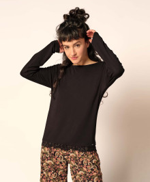 NIGHT & HOMEWEAR : Tee-shirt w. long sleeves for women black lace